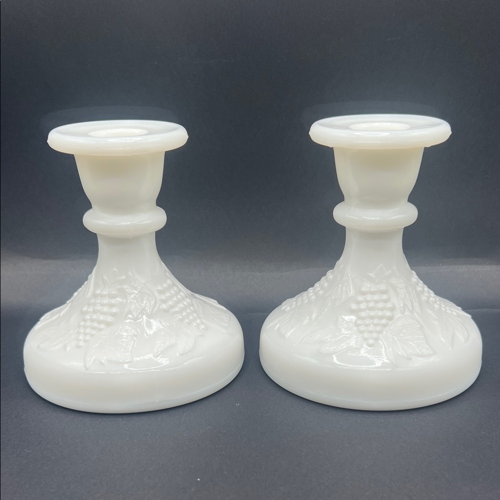 Vintage Milk Glass Candlestick Holders Grape Pattern Pair White Decor 4.5in Set2